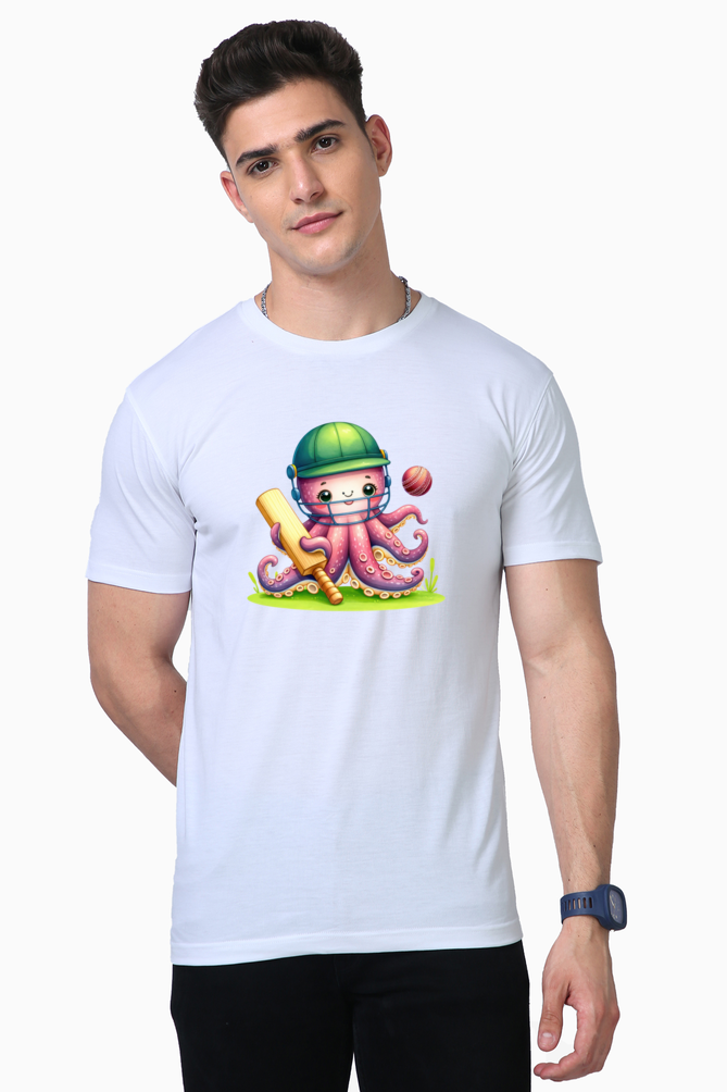 octopus playing cricket printed supima t-shirt