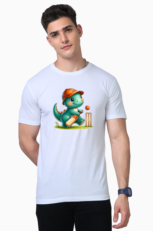 Cute Dino Playing Cricket Printed Supima T-shirt