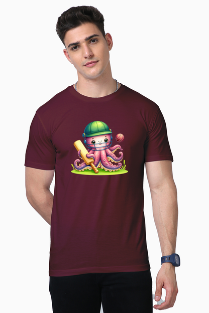 Octopus Playing Cricket Printed Supima T-shirt