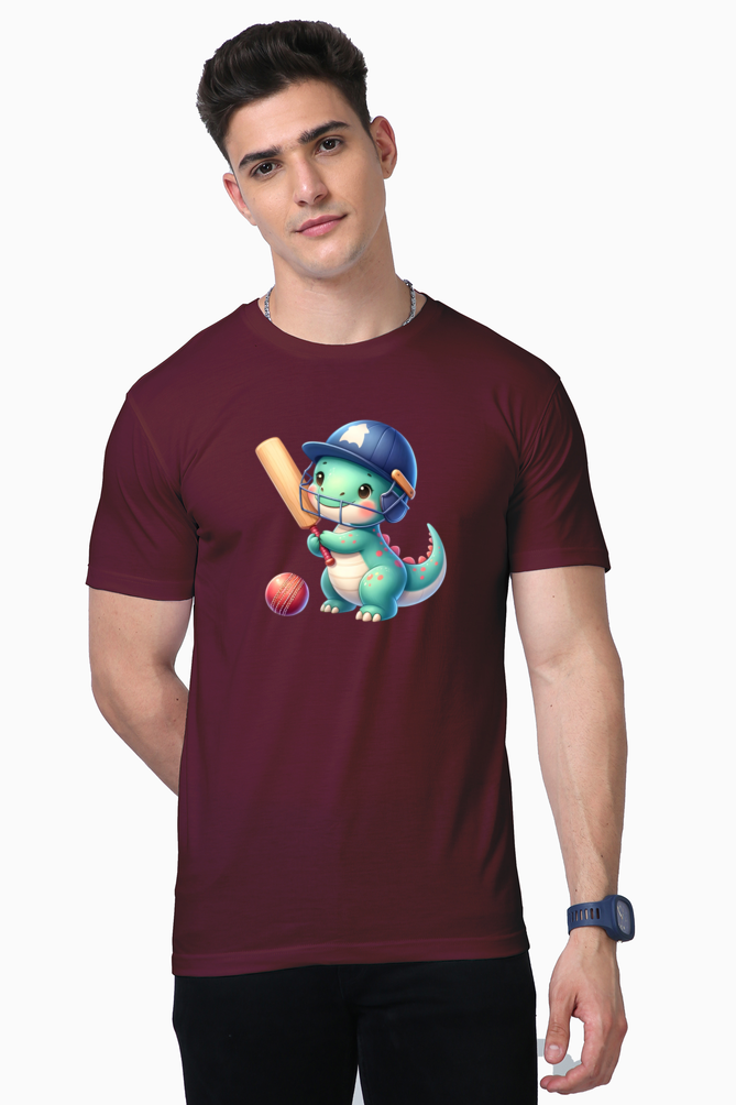 little dinosaur playing cricket printed supima t-shirt