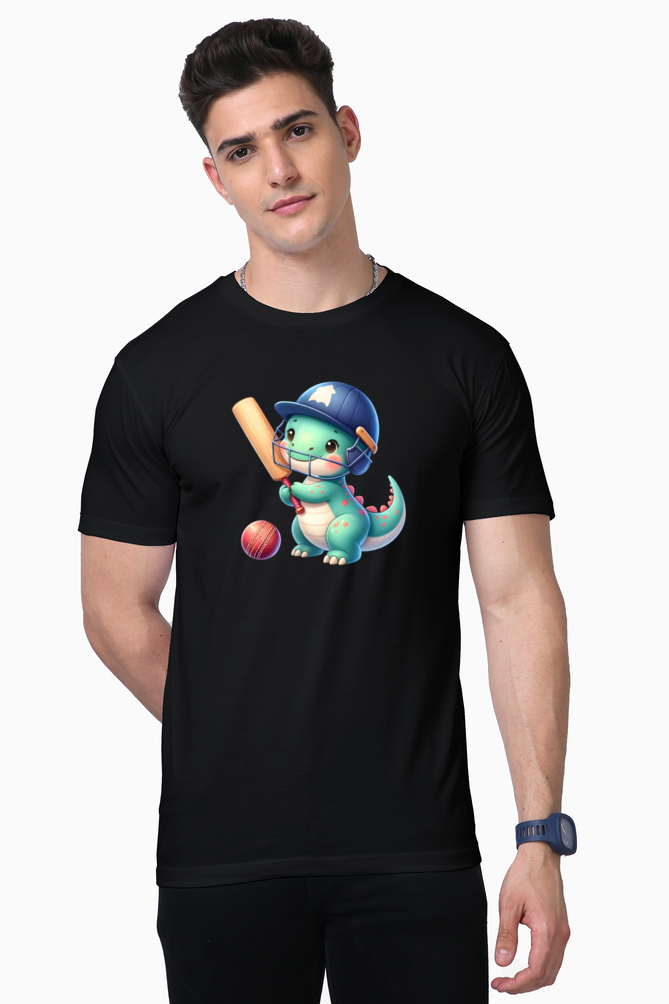 little dinosaur playing cricket printed supima t-shirt