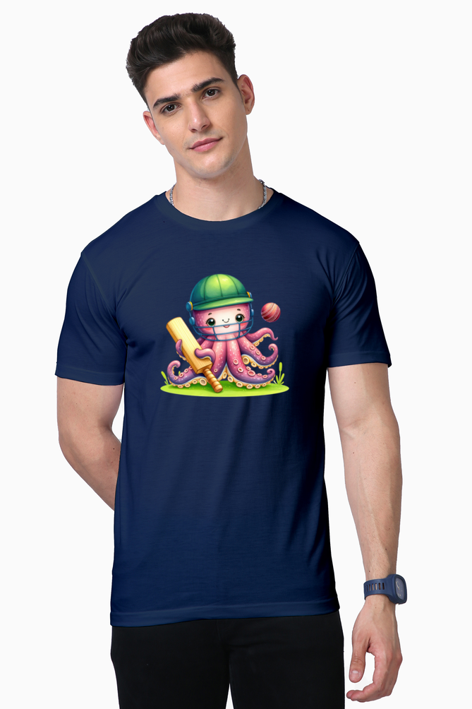 octopus playing cricket printed supima t-shirt