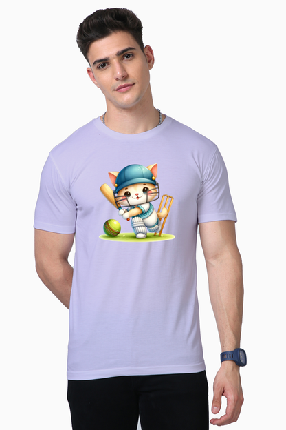 Cute Cat Playing Cricket Printed Supima T-shirt