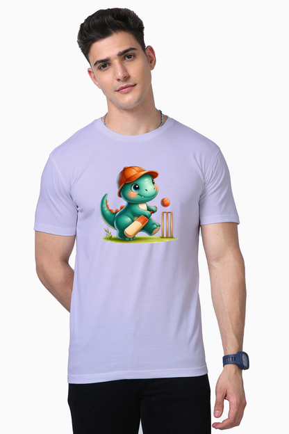 Cute Dino Playing Cricket Printed Supima T-shirt