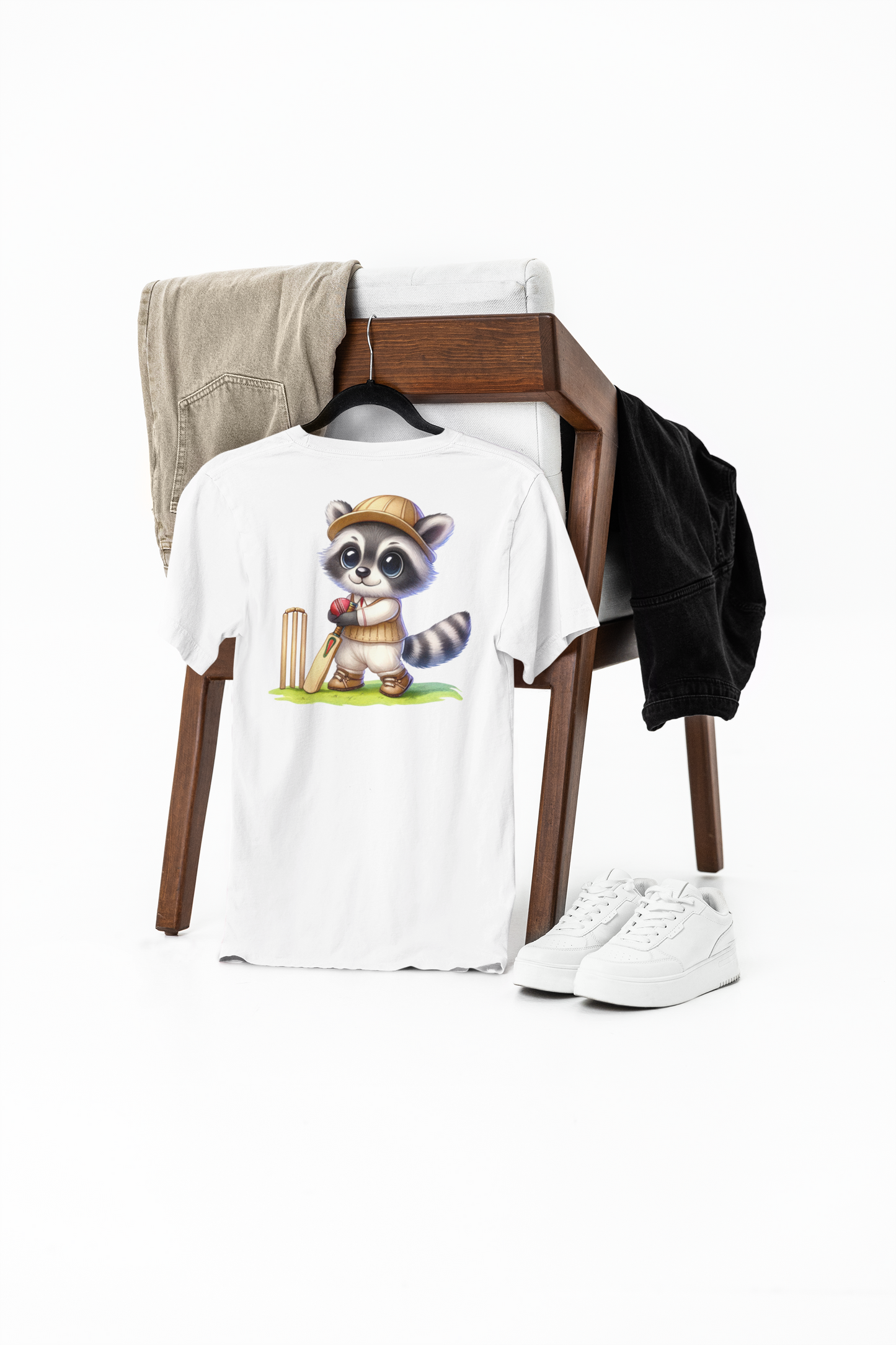 cute raccoon playing cricket printed supima t-shirt